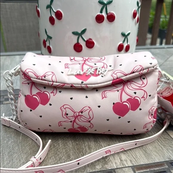 NWT! Betsey Johnson Pink Cherry Hearts Bows Soft Crossbody Bag - Picture 5 of 7